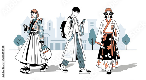 Three diverse individuals in stylish, traditional Asian-inspired attire strolling through a city park.