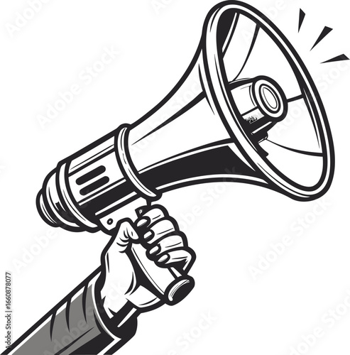 Vector illustration of a hand holding a megaphone, black and white 