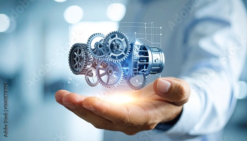 The cross-section of an aircraft engine and its rotating gears floating above your hand, giving the impression of advanced manufacturing.