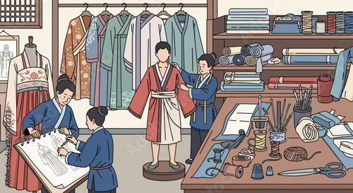 Traditional Chinese tailor shop bustling with artisans crafting elegant Hanfu garments.