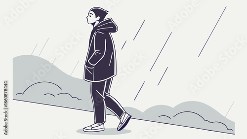 a man walking alone in the rain.