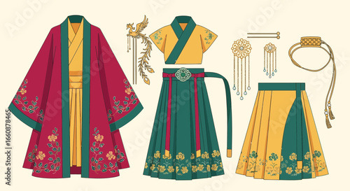 Traditional Chinese clothing ensemble, featuring a maroon robe, teal skirt, and accessories.