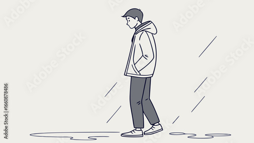 A man walking alone in the rain.
