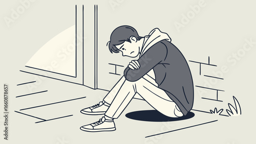 A young man sitting alone sadly on the floor.