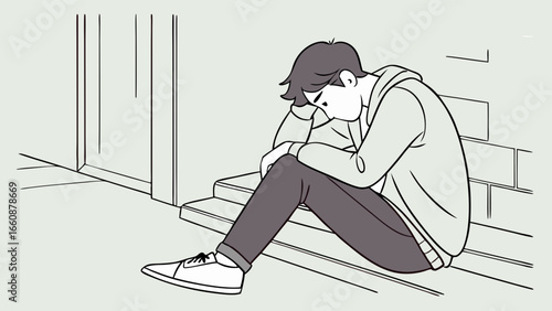 A young man sitting on stairs looking sad and depressed alone.