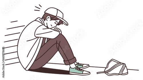 Sad young man sitting alone on ground.