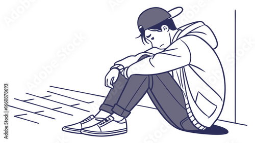 A young man sitting alone sadly.