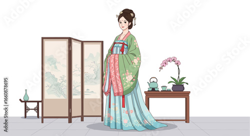 Elegant woman in traditional Chinese Hanfu dress, standing near a room divider and tea set.