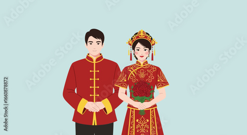 A Chinese couple in traditional red wedding attire, the bride holding a bouquet, standing against a light blue background.