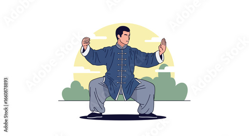 Man practicing Tai Chi Chuan outdoors, serene posture, sunset backdrop.
