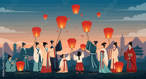 People in traditional Chinese clothing release sky lanterns at dusk, a serene cultural scene.