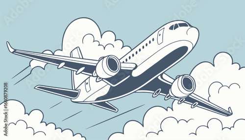 Cartoon vector illustration of a passenger airplane flying through the sky with clouds