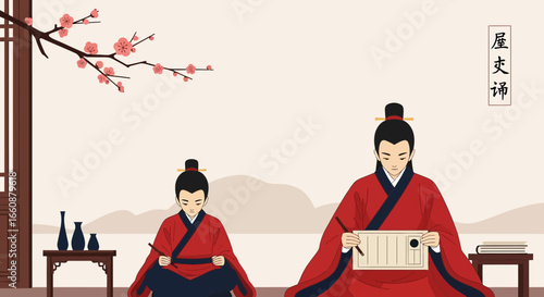 Two figures in traditional Chinese attire practice calligraphy outdoors, serene landscape backdrop.