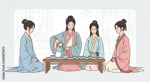 Four women in traditional Chinese attire enjoying a tea ceremony.