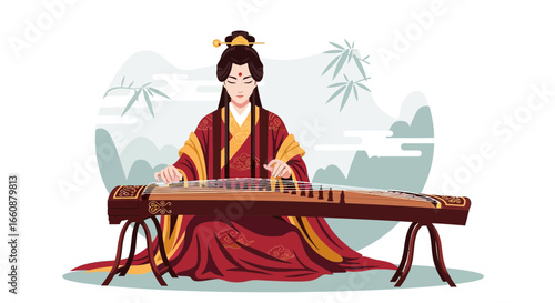 Elegant woman in traditional Chinese dress playing a Guzheng, serene landscape background.