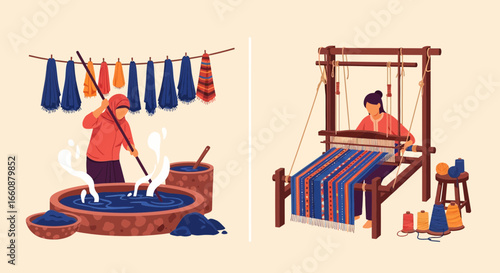 Traditional textile dyeing and weaving processes depicted by women.