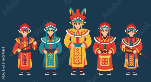 Five individuals in ornate traditional Chinese costumes standing together, facing forward against a dark blue background.