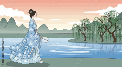 A serene Asian woman in traditional attire walks by a tranquil lake at sunset.