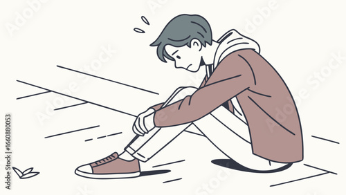 A man sitting on the ground looking sad.