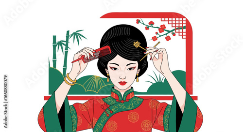 A woman in traditional attire combs her hair, adorned with accessories, near a window.