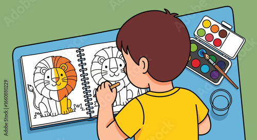 Young boy coloring a lion in a sketchbook using watercolors.