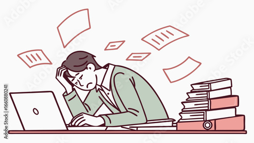 overwhelmed businessman with paperwork stress.