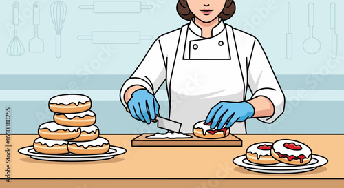 A baker in a white uniform and blue gloves frosts donuts with white icing on a wooden cutting board, with finished donuts on plates.