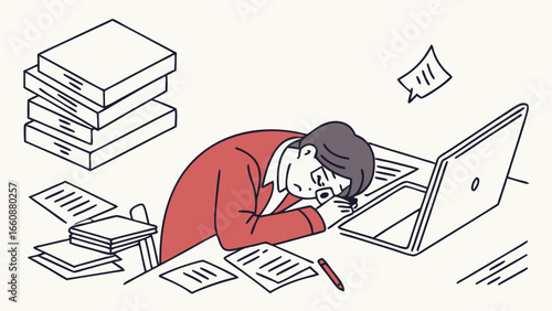 overworked businessman feeling exhausted at desk.