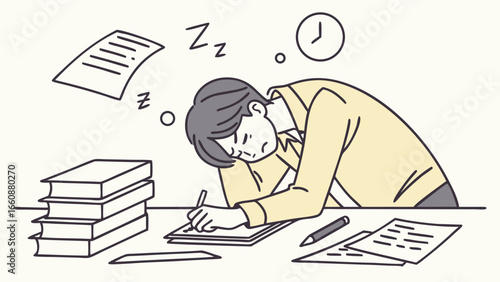 tired student sleeping at desk with books.