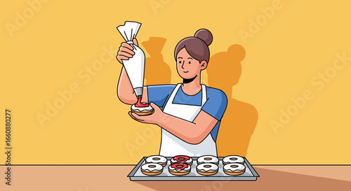 Woman baker decorating donuts with pastry bag, kitchen, baking, delicious treats.