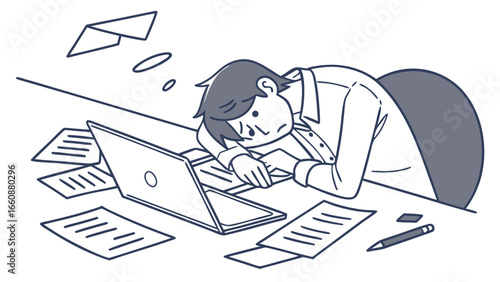 Man sleeping at desk with laptop.