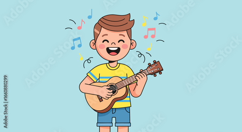 A happy young boy with brown hair plays a ukulele, surrounded by colorful musical notes on a light blue background.