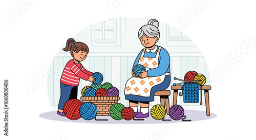 A young girl and her grandmother are sharing a moment of crafting, sorting colorful yarn balls together in a cozy home setting.