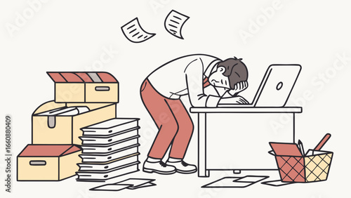 Overwhelmed office worker with paperwork stress.