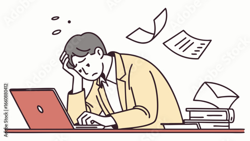Frustrated businessman working on laptop with stress.
