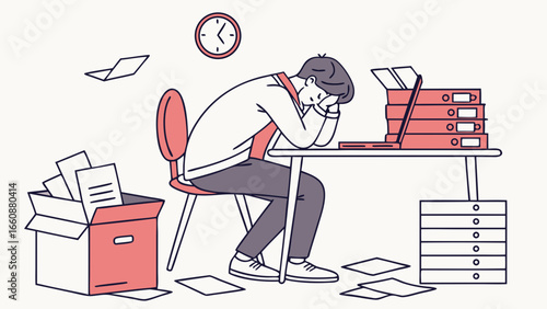 Overwhelmed office worker feeling stressed and exhausted at desk with paperwork.