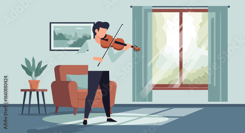 Man serenades in living room, playing violin near window.