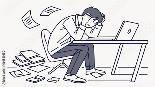 overwhelmed businessman sitting at desk with papers.