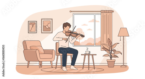 A musician playing a violin in a cozy living room setting, enjoying the music.