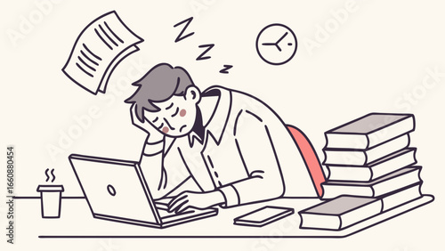 Man sleeping at desk with laptop and books.