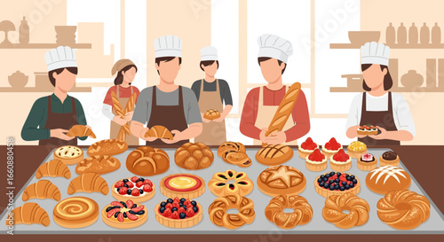Bakers in a bakery setting displaying a variety of freshly baked goods, including bread, pastries, and cakes on a counter.