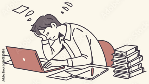 Man lying on floor with laptop and books.