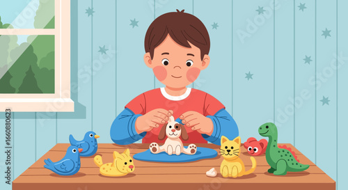 Boy crafting clay animals at a table, creating a puppy figurine.
