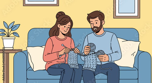 A couple sits together on a sofa, knitting with yarn and needles, enjoying a relaxing activity.