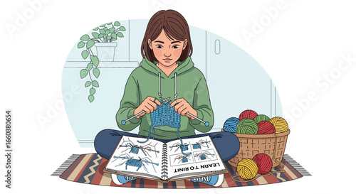 A young woman, focused on knitting, sits with a book and yarn basket.
