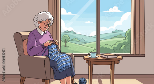An elderly woman knits a blue and white scarf while sitting in an armchair by a window overlooking a scenic landscape.