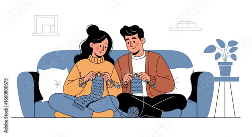 Couple relaxing on a couch, engrossed in knitting a warm project together.
