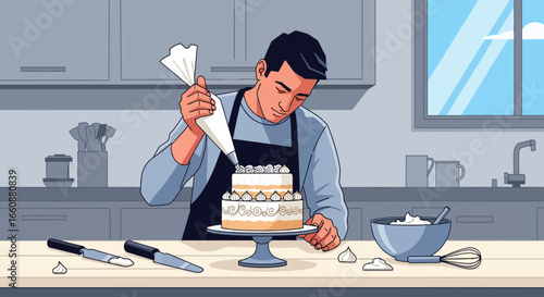 Man decorating a layered cake with a piping bag in a modern kitchen.