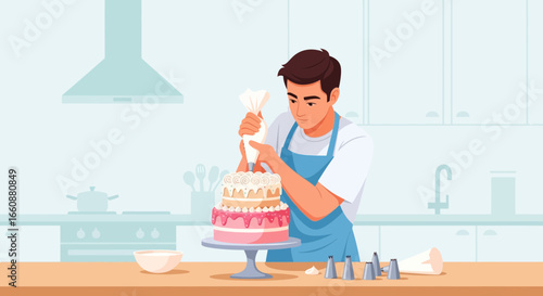 Man meticulously decorates a layered cake with frosting in his kitchen.
