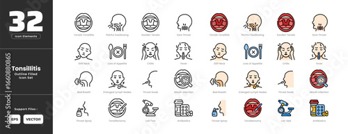 Tonsillitis Symptoms Icon Set Collection - Outline Line Art Style. Containing Fever, Headache, Appetite, Pus, Tonsils, Tonsillitis, Sore, Throat, Swollen, Tonsillectomy, Antibiotics, Breath, Lymph.